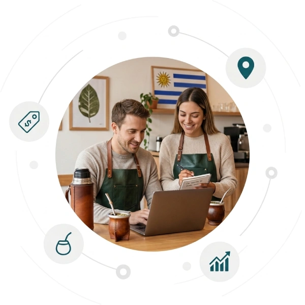 Emprendedores uruguayos gestionando ventas locales en la plataforma Localuy con un mate y termo.